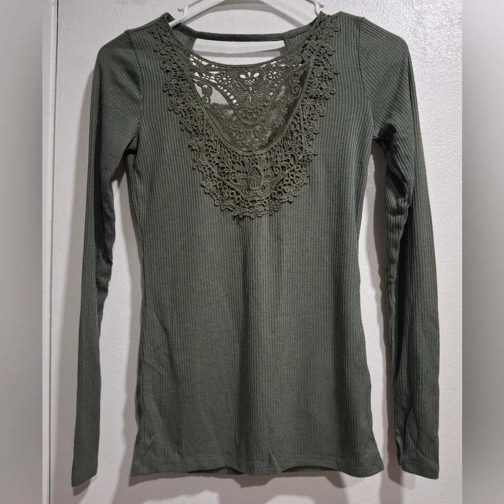 Hollister Olive Long Sleeve Top with Lace